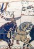 Detail from the Bayeux Tapestry, possible depiction of Eustace II, with moustaches, inscribed in margin above in Latin: E...TIUS, possibly Latinised form of his name